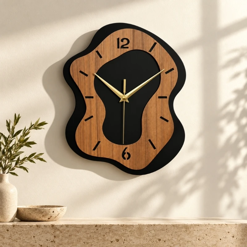Acrylic Wall Clock Quiet Battery Operated Analogs Clock with Hands and Hour Markers, Black and Wood-Look Brown Face for 37JD