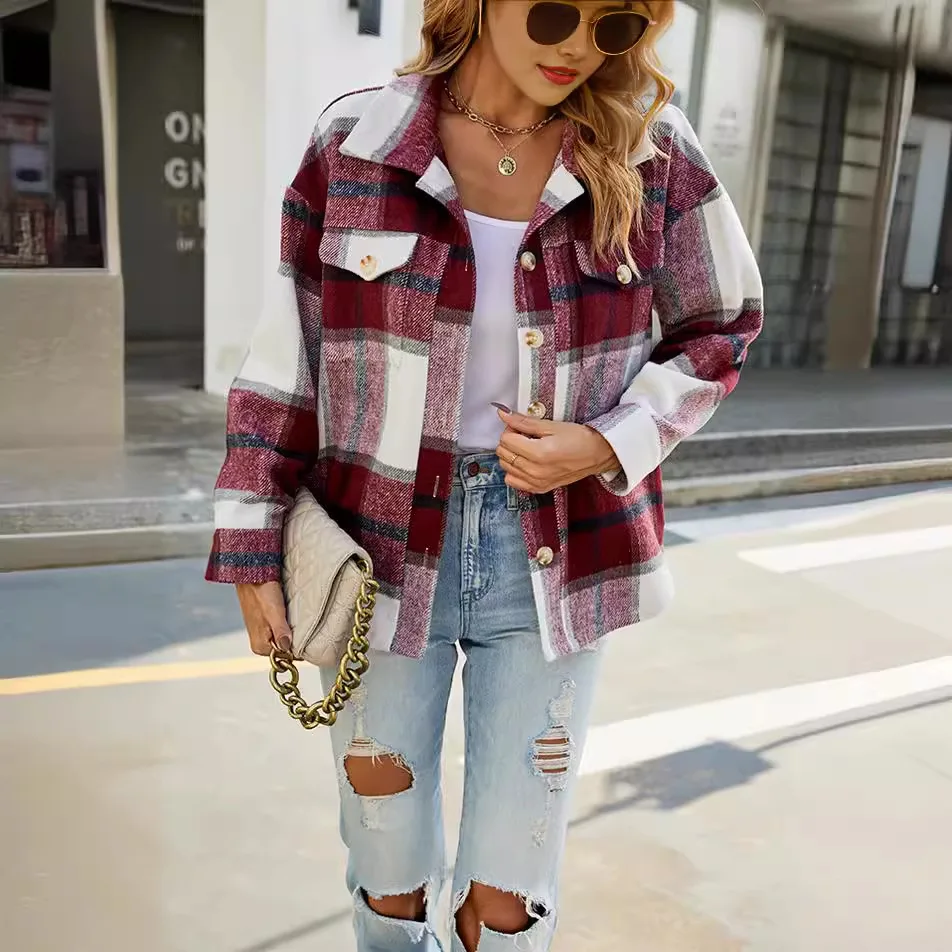 Independent Filming Of 2024 Women\'s Autumn And Winter New Plaid Jacket Casual Loose Pocket Woolen Shirt Jacket