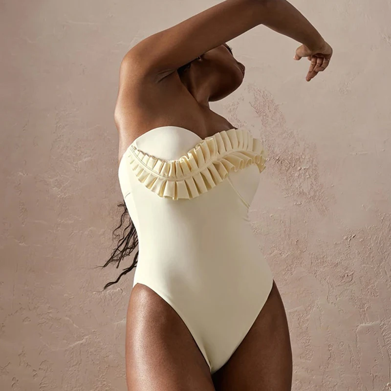 Sexy Diagonal Collar Edge Ruffles One Piece 2025 Women Solid Color Bikini Top Fashion Non-regular Slim Tummy Control Bodysuit