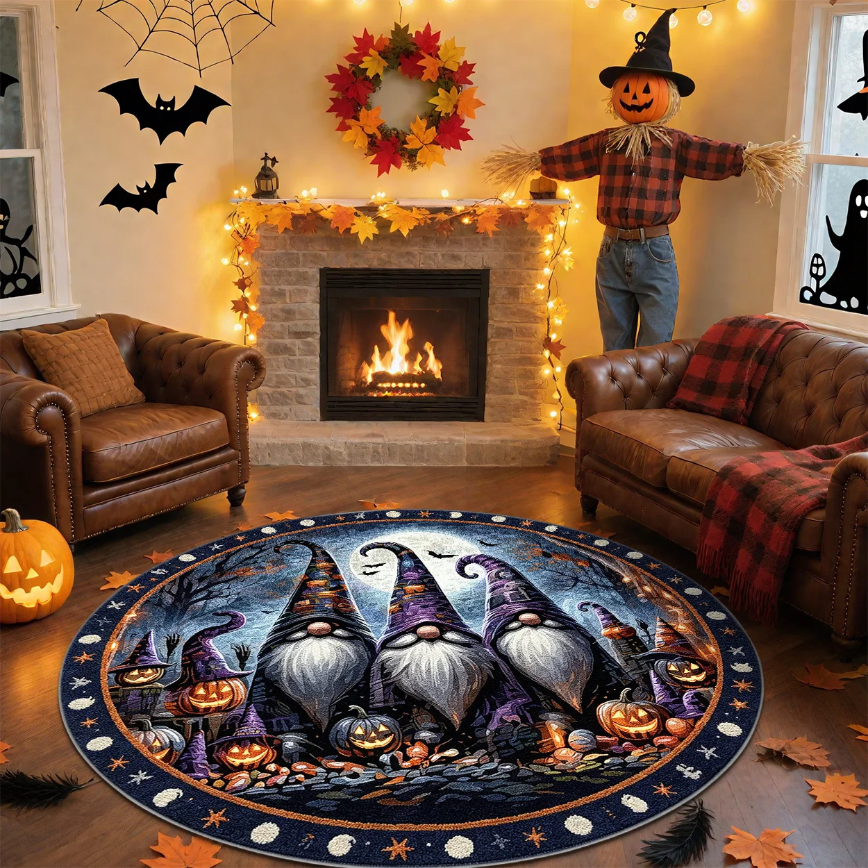 Large Floor Mat Three Gnomes Purple Pumpkins Forest Patio Front Door Festive Home Decor Round Area Rugs Halloween Carpet