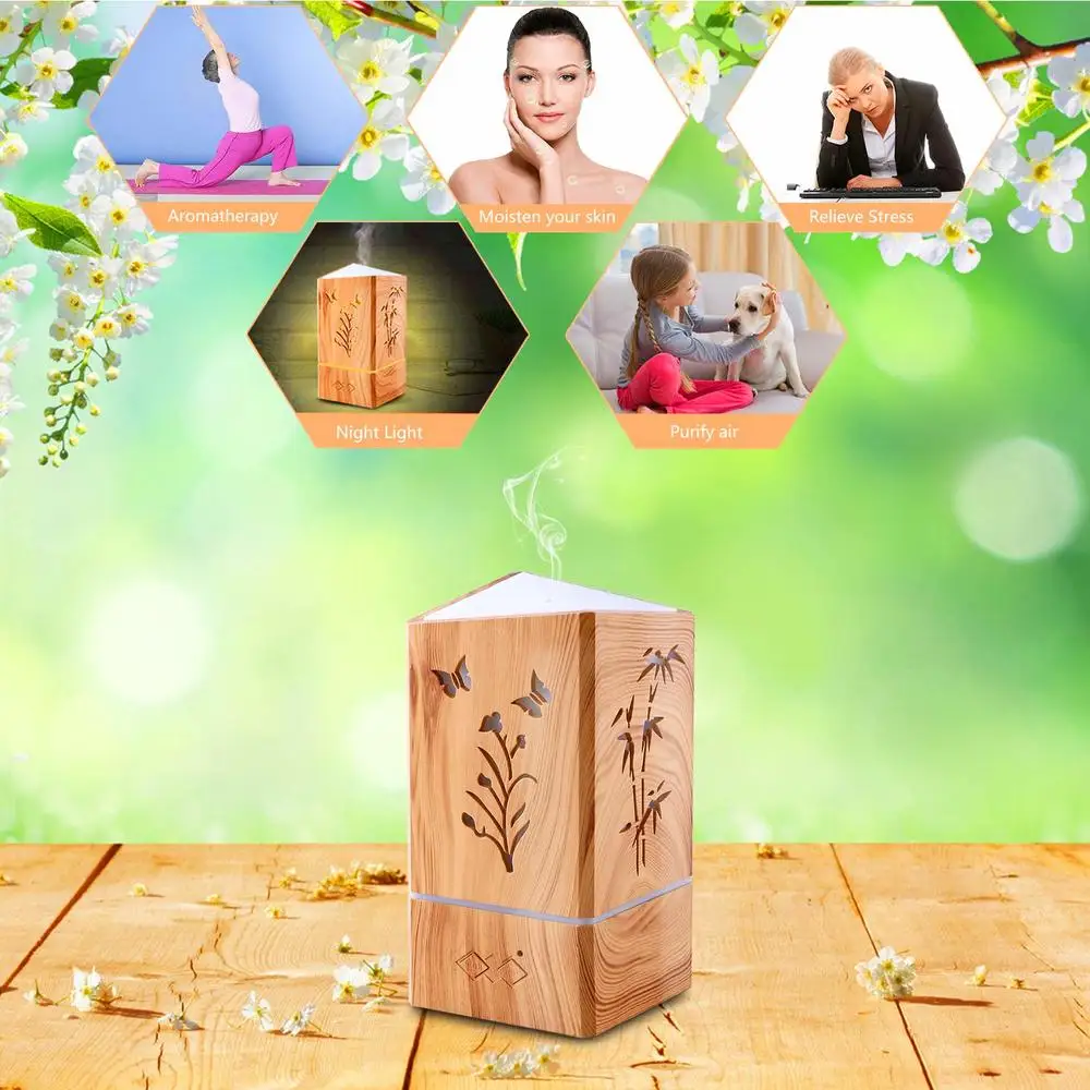 Essential Oil Diffuser Aromatherapy Diffuser Wood Grain Cool Mist Humidifier for Office Home Study Yoga Spa 7 Color Lights 200ml