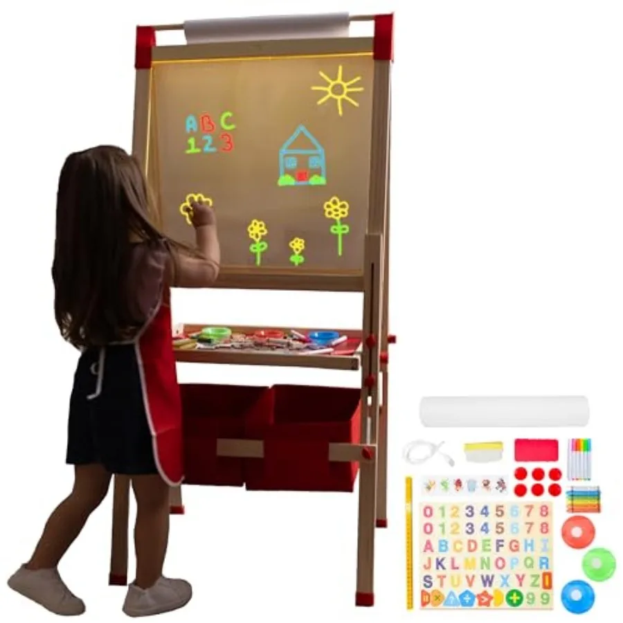 

Light Up Easel for 3 -in-1 Magnetic Chalkboard LED Drawing Board with Adjustable Height and Paper Roll 86 Accessories Wooden Ar
