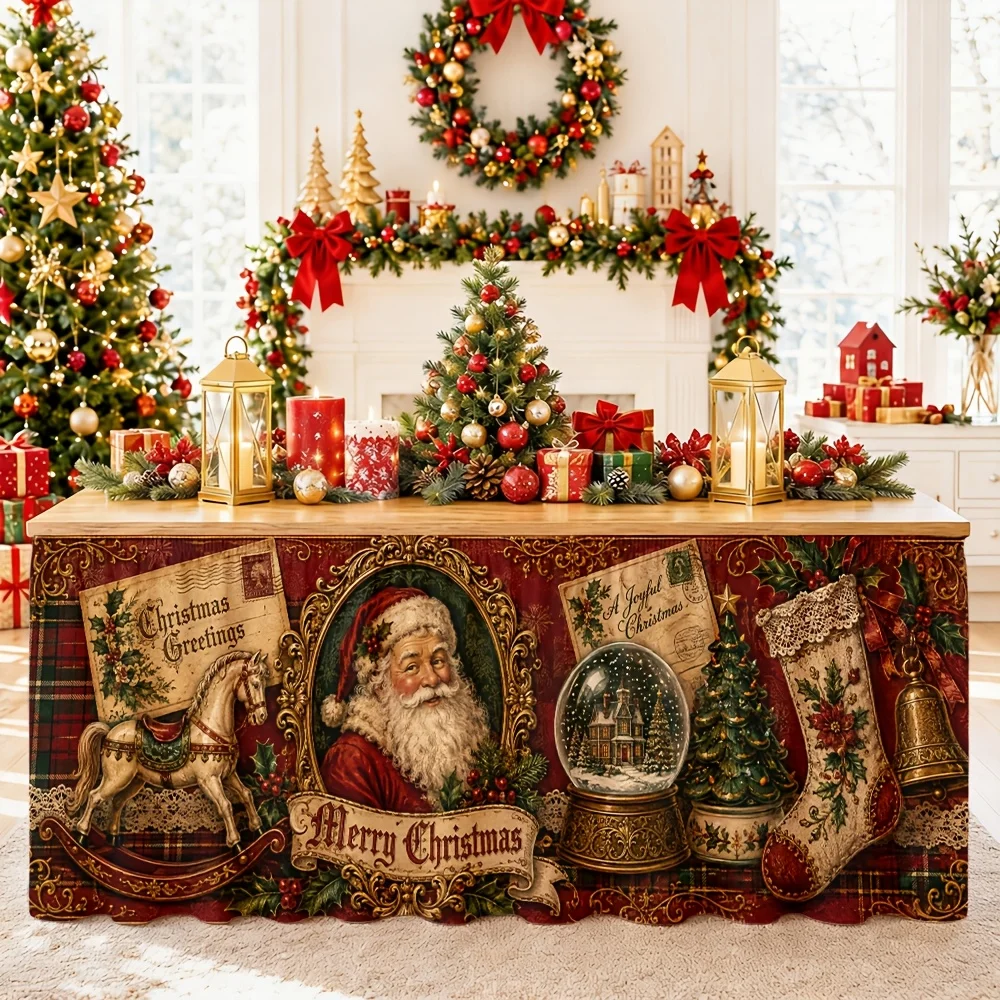 One tablecloth table skirt for holiday and Christmas decoration, featuring Santa Claus snowball socks and vintage ornaments