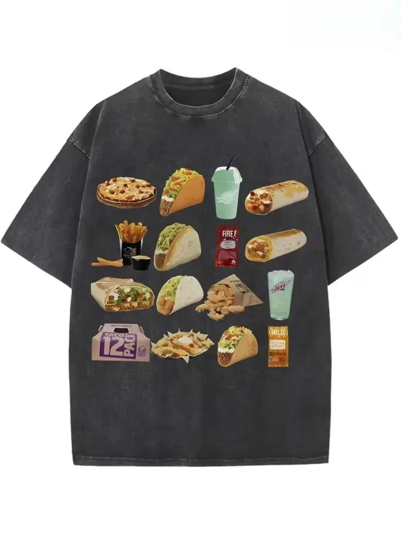 Washed Gourmet Burger Cola Printed T-Shirt Retro Fashion Brand, Crew Neck, Geometric-Pattern, All Seasons, Casual Wear,