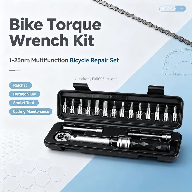 1-25Nm Bike Torque Wrench Kit, Multifunction Bicycle Ratchet Repair Set, Hexagon Key Socket Tool Kit for Bike