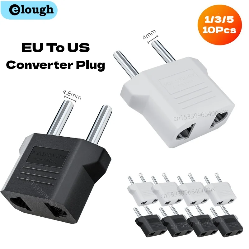 Elough 1-10PCS US to EU Plug Adapter 4.0/4.8mm Electrical Socket Plugs Adapters EU Euro KR Power Plug Converter EU Power Socket