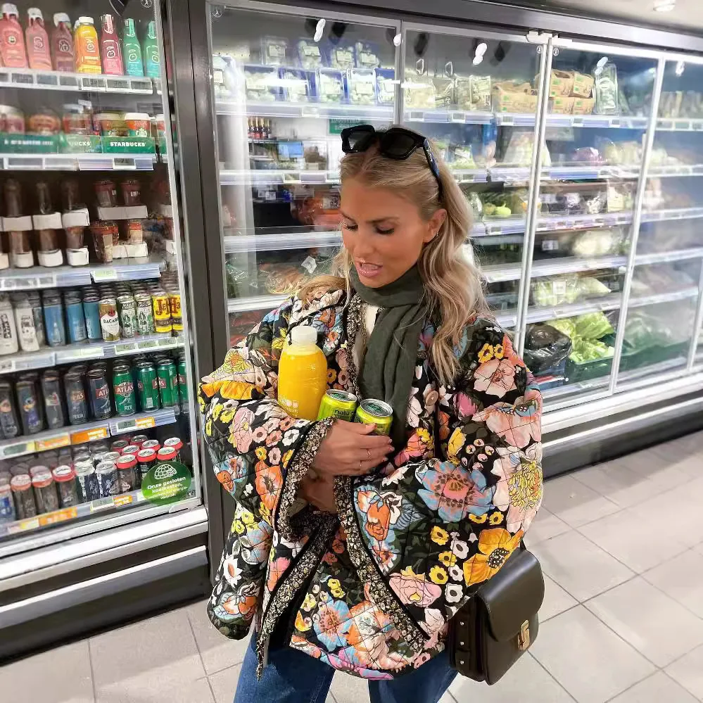 

Color Flower Print Cotton Clothing Coat Women Fashion Vintage O Neck Flared Sleeve Single-breasted Cotton-padded Jacket Female