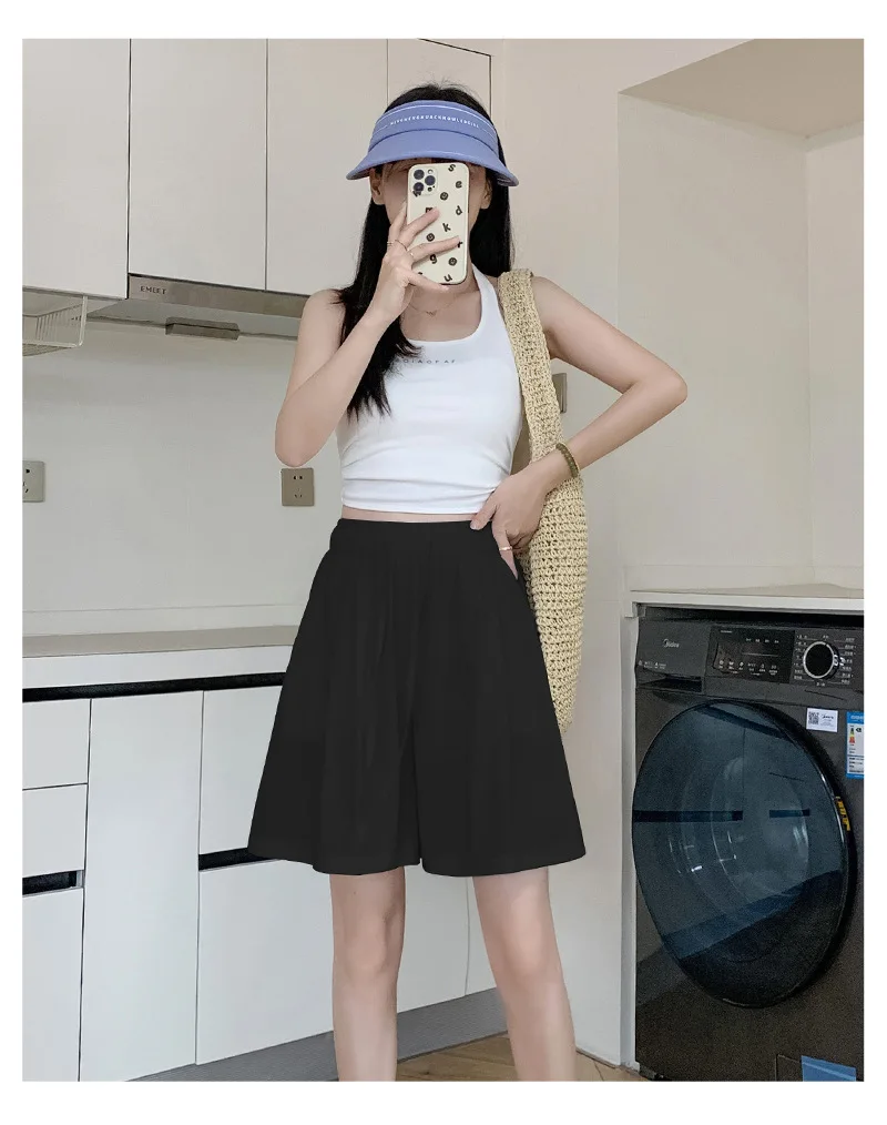 Solid Color Casual Summer Shorts for Women Thin Breathable Elastic Waist Shorts Woman Vacation Loose Wide Leg Shorts Beach Pants