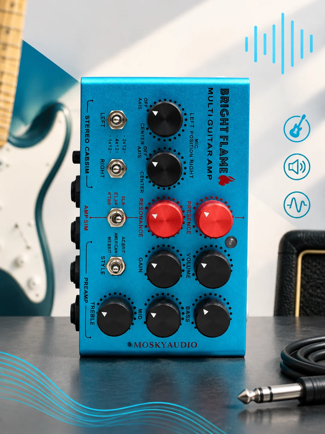 Pedal de efectos para guitarra Moskyaudio Bright Flame, simulador de varios amplificadores y de caja acústica, preamplificador para presentaciones en vivo y en estudio.