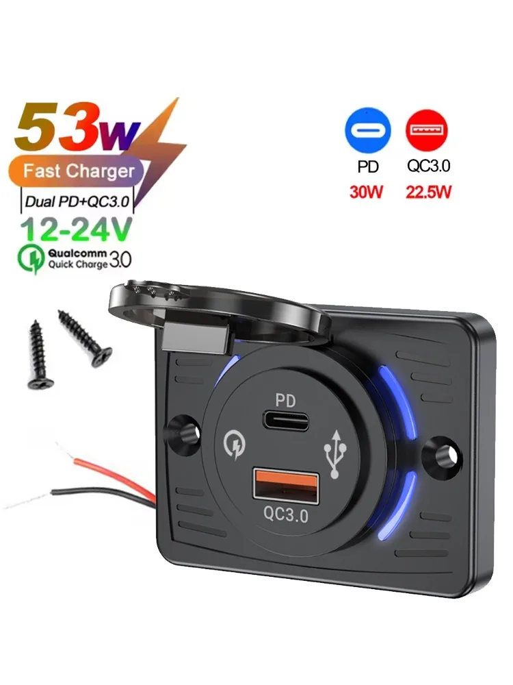 Ładowarka ścienna, 2-4 porty USB, szybkie ładowanie QC 22.5W PD 30W Type-C, panel QC3.0, do autobusów, quadów, ciężarówek — 2