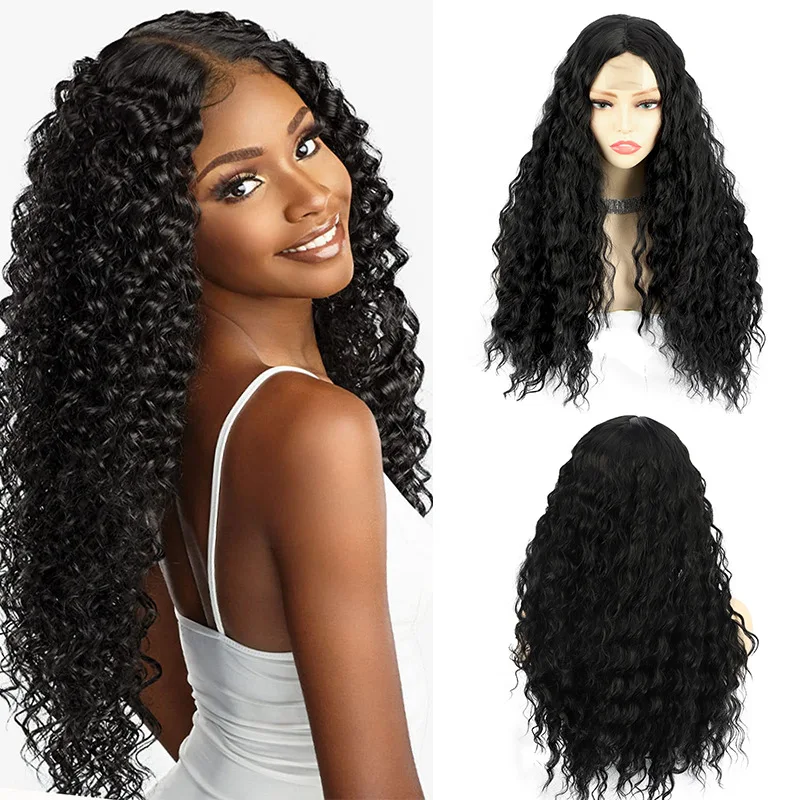 women's black fluffy long curly hair synthetic fiber headband water wave lace wig