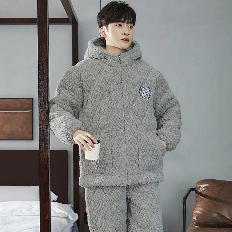 Ensemble de pyjama en velours à trois couches pour hommes, vêtements de maison chauds en glouton épaissi, confortable à porter à l'extérieur, hiver, nouveau