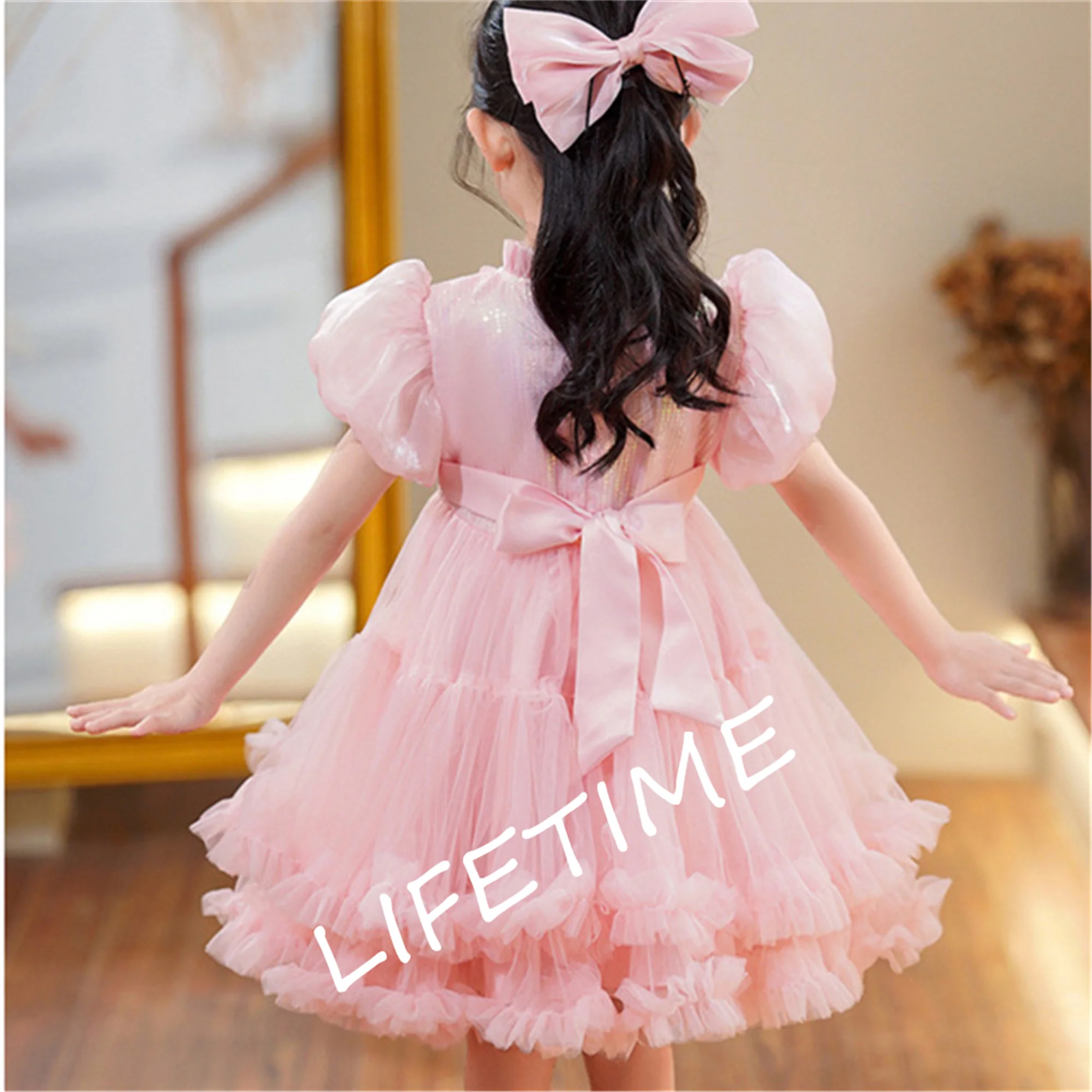 

Pink Princess Dress Pearl Beaded Puffy First Communion Dress Flower Girl Dresses Cute Children Girls Dress First Gown