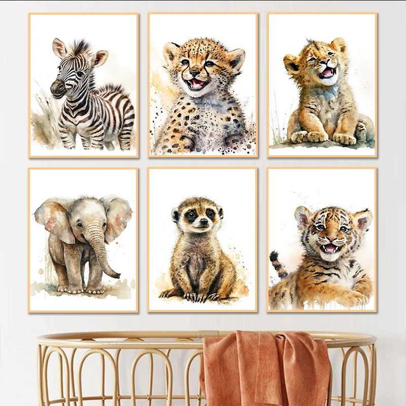 Watercolor Animals Baby Cheetah Giraffe Elephant Meerkat Zebra Tiger HD Poster Canvas Painting Kids Nursery Home Decor Framel