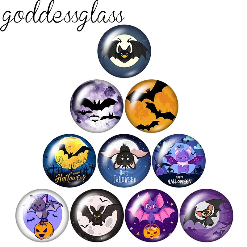 Happy Halloween Cartoon Bat Horror Night 10pcs Mix 12mm/18mm/20mm/25mm Round Photo Glass Cabochon Demo Flat Back Making Findings