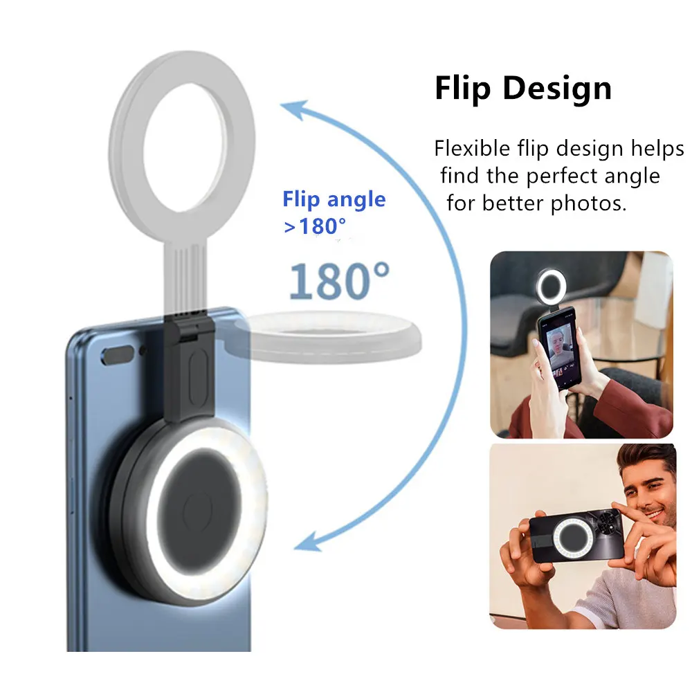 2024 MagSafe Magnetic Selfie Ring Light Led Fill Light Adjustable 180° Flip Phone Bracket For iPhone 15 14 13 12 Android Makeup