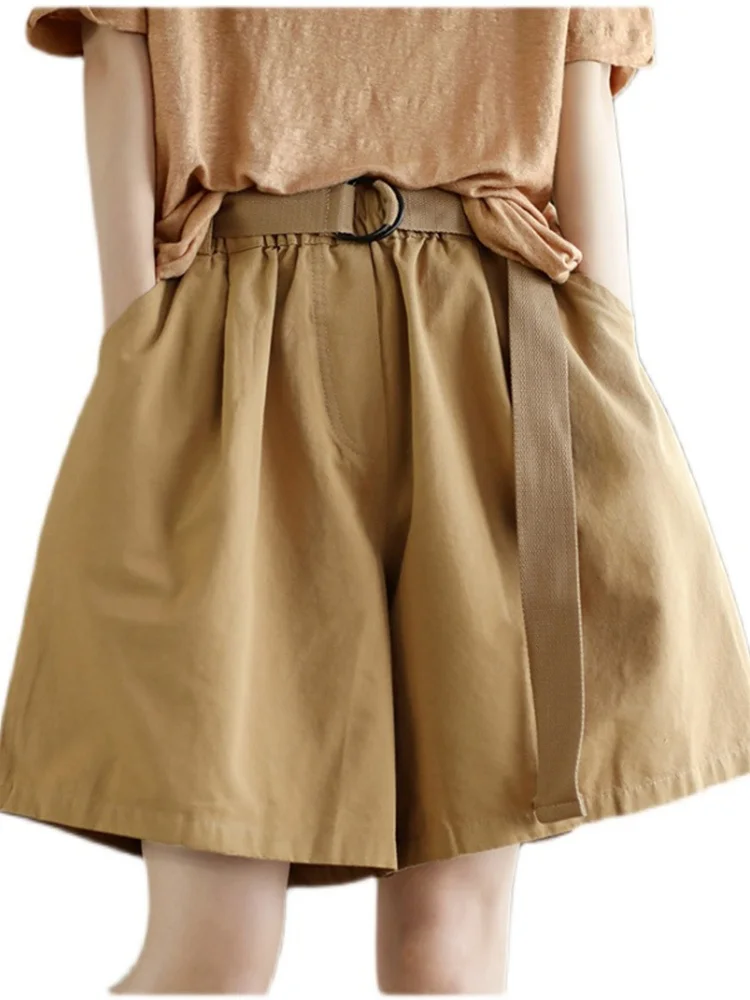 Cintura alta perna larga ort calças femininas verão cor cinco quartos comprimento calças casuais vintage sle material de algodão