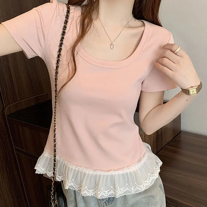 

Casual Stylish Lace Spliced Pullovers Summer Round Neck Slim Basic Women's Clothing Short Sleeve Korean Solid Color T-shirts New