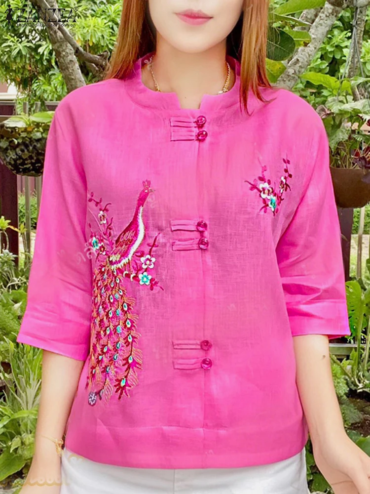 ヴィンテージシャツ ZANZEA 女性 3/4 スリーブボタンアップブラウス夏のプリントシャツ女性トップスカジュアルホリデー Blusas オーバーサイズ Mujer