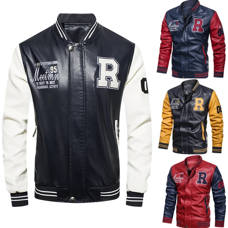 Men's Spring Autumn Fashion Motorcycle Jacket Black Pu Leather Color Blocking American Baseball Uniform Coat Casual Streetwear