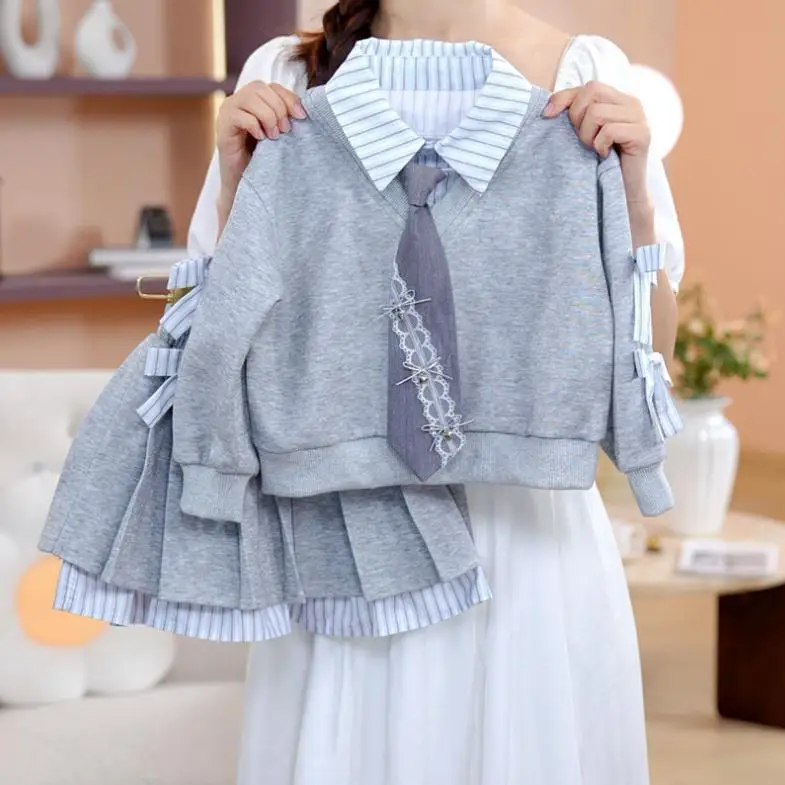 Girl Preppy Style False Two-piece Hoodie Sets Autumn Striped Shirt Bowknot Pleated Skirt Skirt Sets