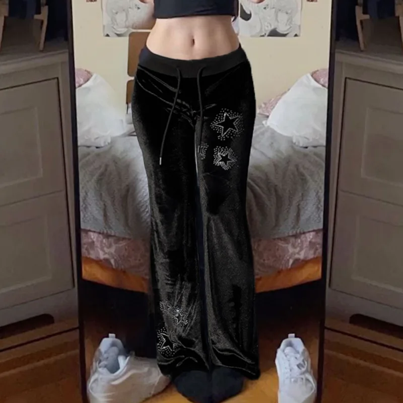 ONE TO WAN Y2k Streetwear Gothic Velvet Pants Women Dark Cyber Punk Harajuku Grunge Pentagram Printed Low Waist Stright Pants
