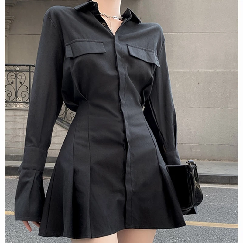 Y2k Black Women Shirts Korean Slim Chic Female Casual Blouse Dress Harajuku Autumn Fashion New Flare Sleeve Ladies Tops