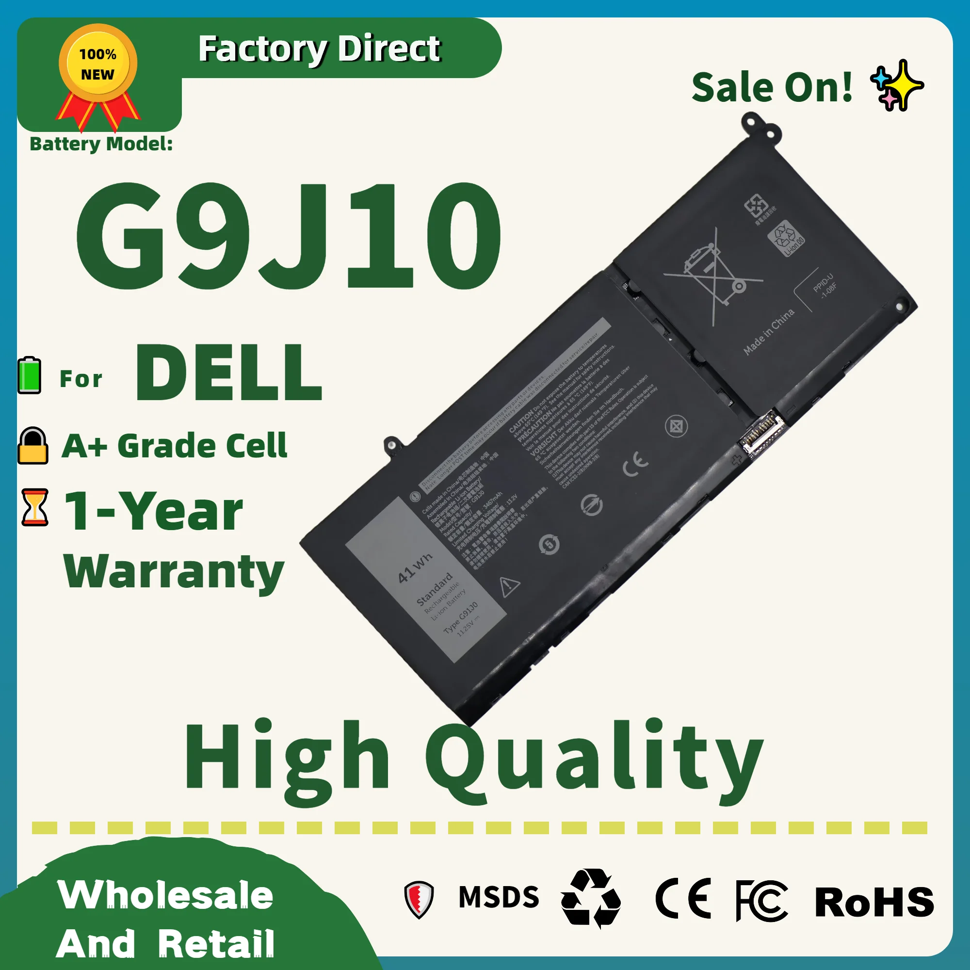 

Factory Direct! G91J0 V6W33 Laptop Battery For DELL Latitude 3320 3420 3520 Inspiron 15 3515 3511 3520 5410 2 in 1