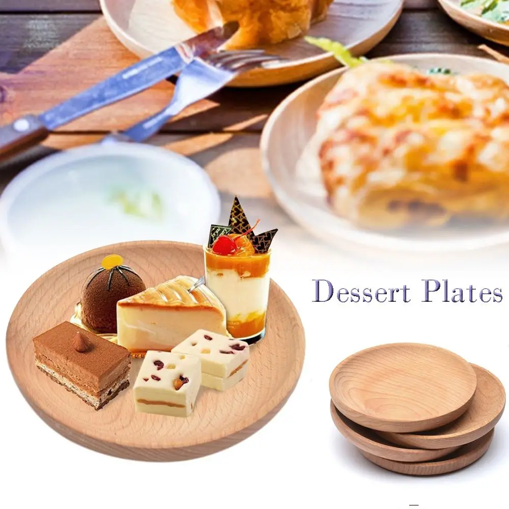 

Wooden Round Cake Holder Dish Snack Dessert Plates Serving Tray Tableware Dinner Plate