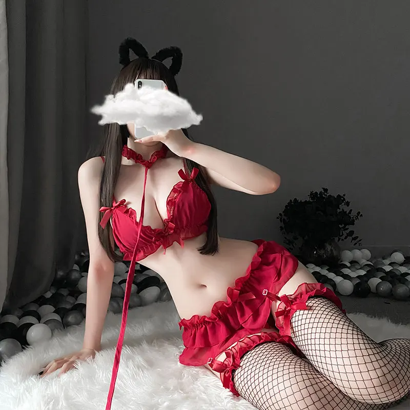 Lolita Red Chiffon Lace Sexy Lingerie Women Underwear Erotic Maid Outfit Cosplay Costumes With Leadchain Bra Panties Set