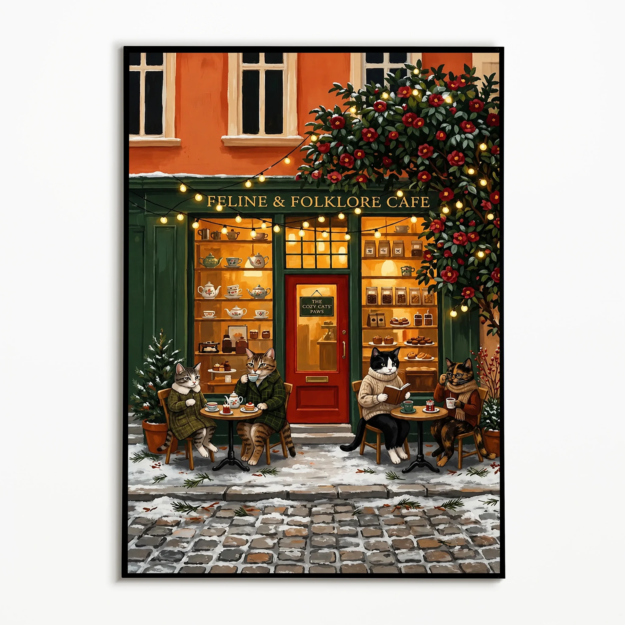 1PC Winter Cat Café Bookstore Poster European Street Side Snow Scene Wall Art Christmas Canvas Printing Festival Gift Room Decor