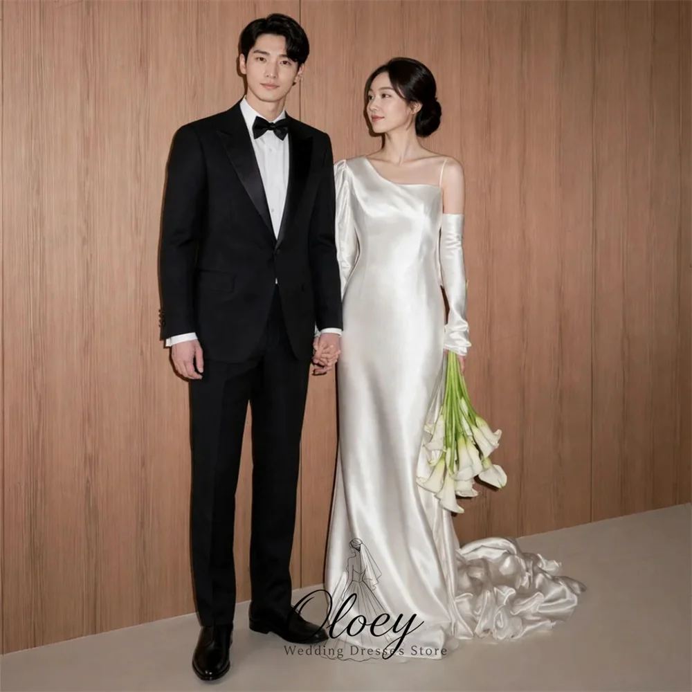 OLOEY Stylish Mermaid Satin Korea Wedding Dress Photo Shoot Asymmetrical Long Sleeve With Train Outdoor Bridal Gown Customized