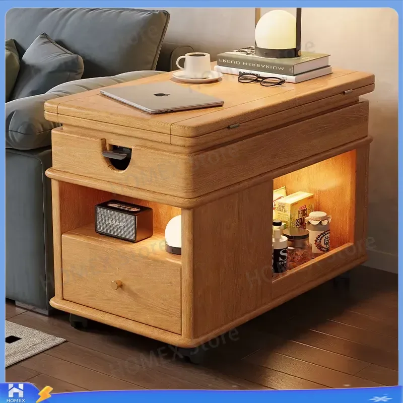 Medieval Style Mahogany Rolling Console Table Height Adjustable Foldable Movable Side Cabinet Coffee Trolley for Small Living