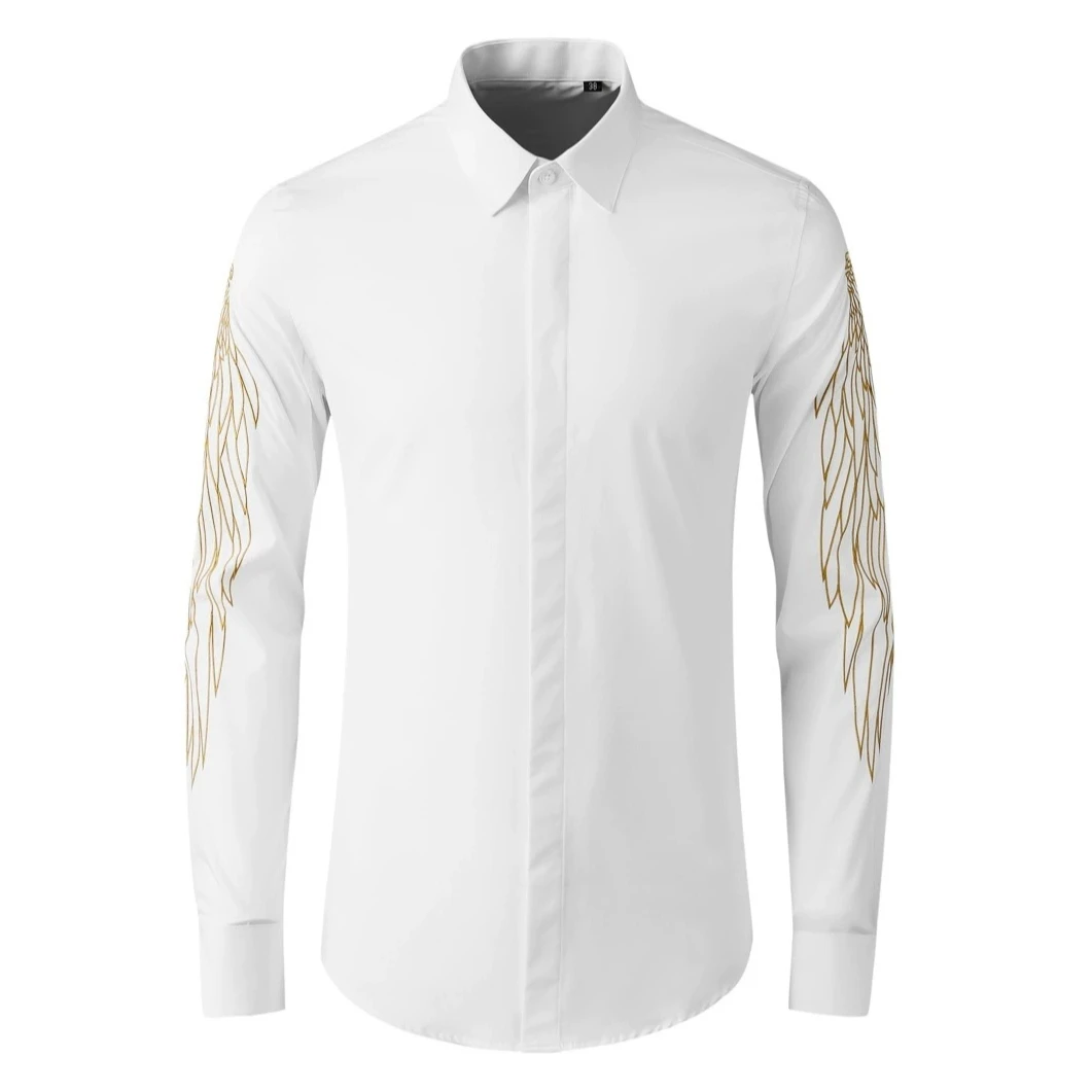 

2026 Luxury Golden Embroidered Wings Men's Shirts Long Sleeve Casual Business Shirt Social Party Star Shirt Blouse Chemise Homme