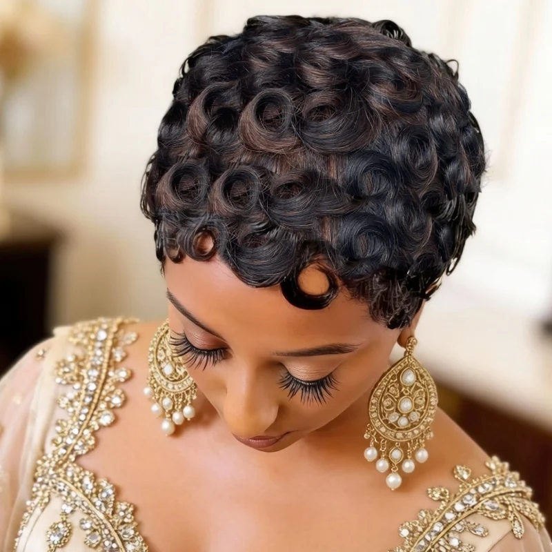 

Парик Wave Pixie из натуральных волос, полностью машинной работы – короткие кудрявые парики с стрижкой пикси для женщин, из натуральных волос