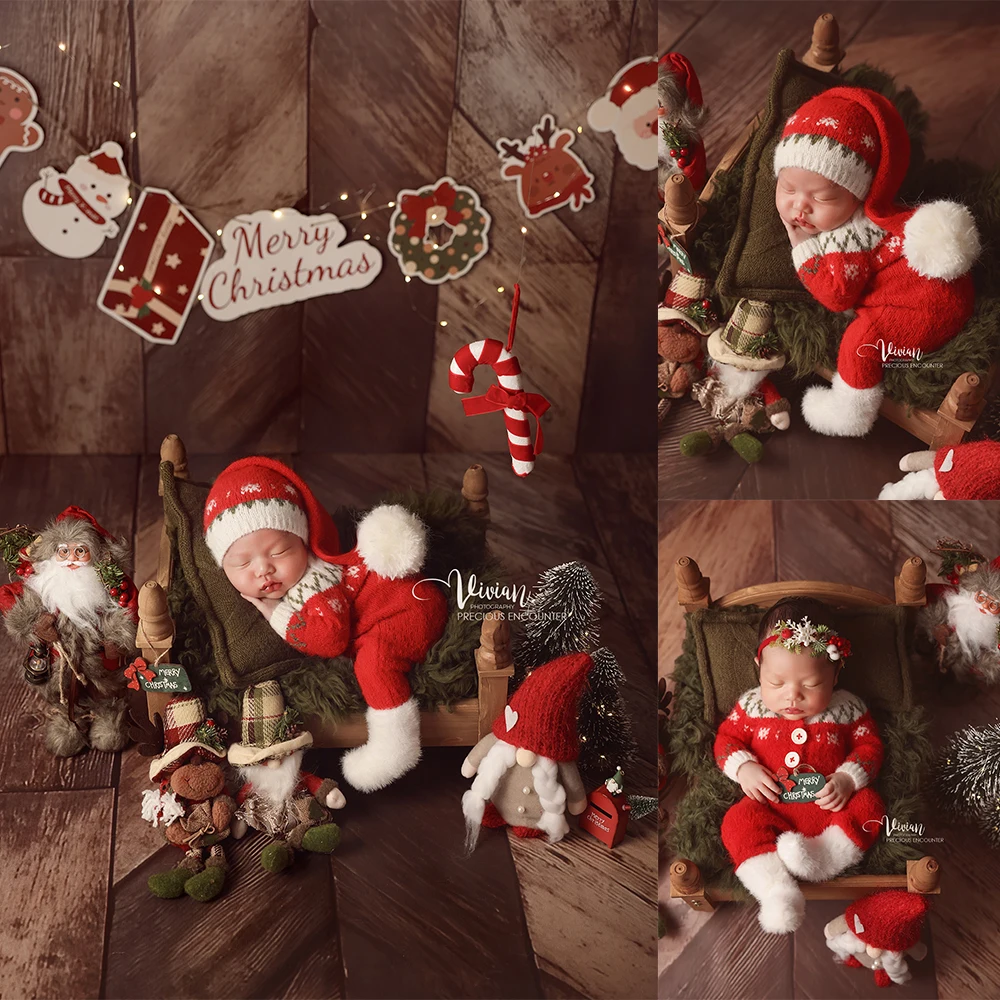 

Newborn Christmas Photography Props Set Classic Santa Costume Xmas Scene Decorative Props Studio Holiday Theme Photo Accessories
