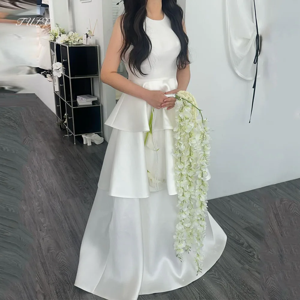 TULX Elegante Satin-Hochzeitskleider mit Stufen, Korea, Fotoshooting, O-Ausschnitt, ärmellos, A-Linie, langes Brautkleid, Korsett, maßgeschneidert 웨딩드레스 26