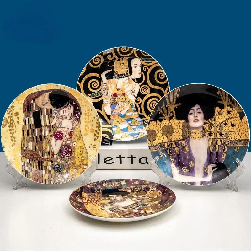 Klimt Kiss-Oil Painting Art Decorative Plate, Wall Hanging Plates, Porcelain Fruit Dessert Dining Plate,Home Decoration, 8-inch