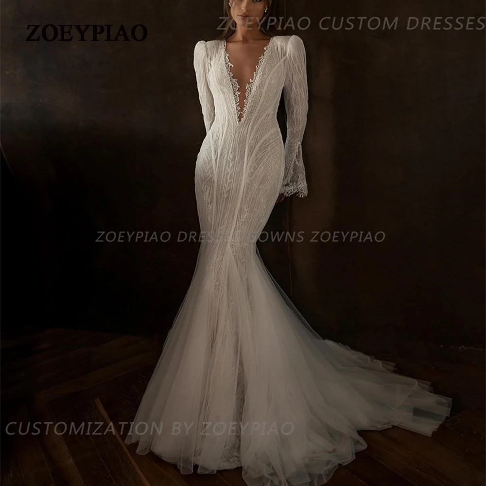 Sexy Deep V Neck Long Sleeve Wedding Dresses Elegant Lace Mermaid Princess Tulle Bride Bridal Gowns Dress Vestido De Noiva