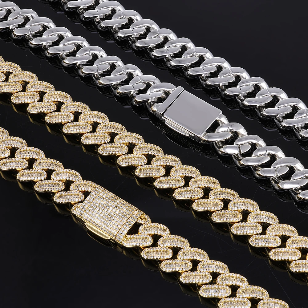 Nuoya Iced Out Cuban Chain Sparkling Inlay Mixed Cubic Zirconia Diamond 12mm 15mm Necklace Bracelet Hip Hop Jewelry Wholesale