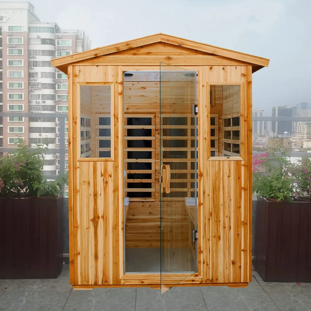 Far Infrared Wooden Sauna Room, 4 Person Outdoor Size with 2050W, 8 Low EMF Heaters, 2 Bluetooth Speakers, 2 LED Reading Lamp