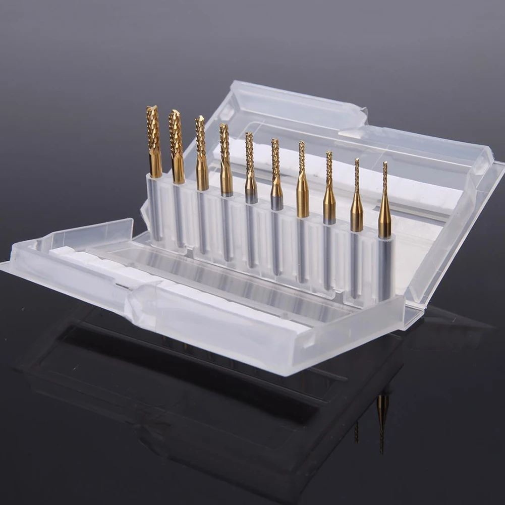 Carbide End Mill Cutter Set 10 Pieces for Metal Plastic Stainless Steel Copper Machining with Multiple Cutting Edge Sizes
