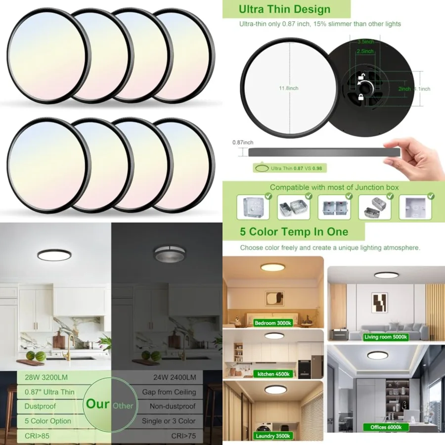 

8 Pack 3200lm LED Flush Mount Ceiling Light 12 Inch, 5CCT Adjustable, Super Slim 0.87 inch led Ceiling Light Fixture for Bedroo