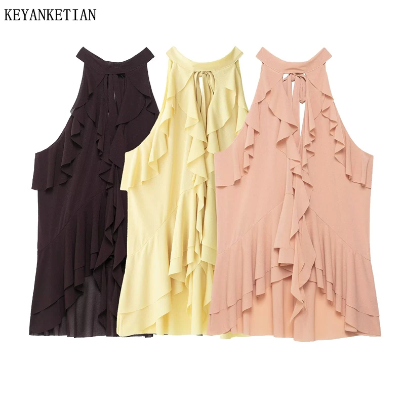 

KEYANKETIAN Summer New Women's Tiered Decoration Halter Sleeveless Shirt Back Bow Lace Up Thin Pullover Office Lady Top Blouses