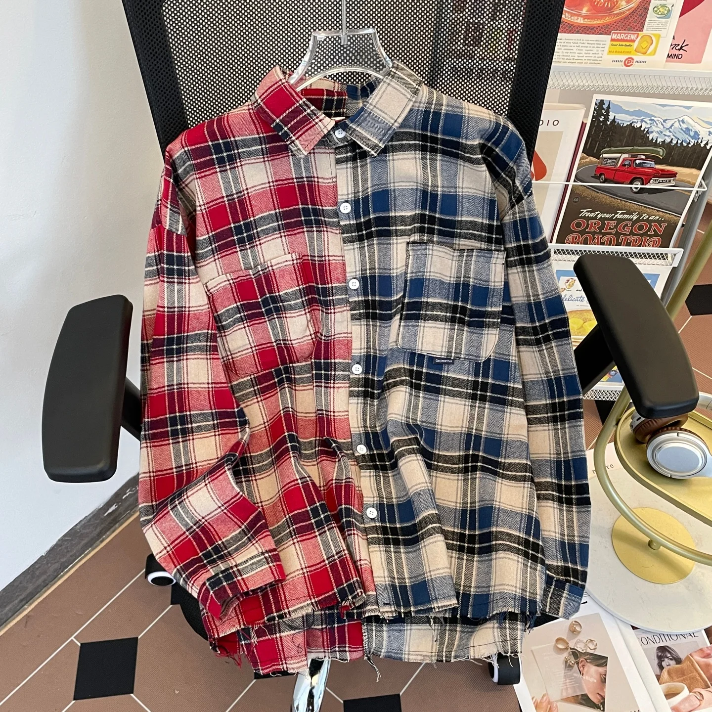 

Street Style Plaid Patchwork Loose Shirt Unisex American Retro High Sensation Cool Outerwear Shirt Summer Long Sleeve Button up