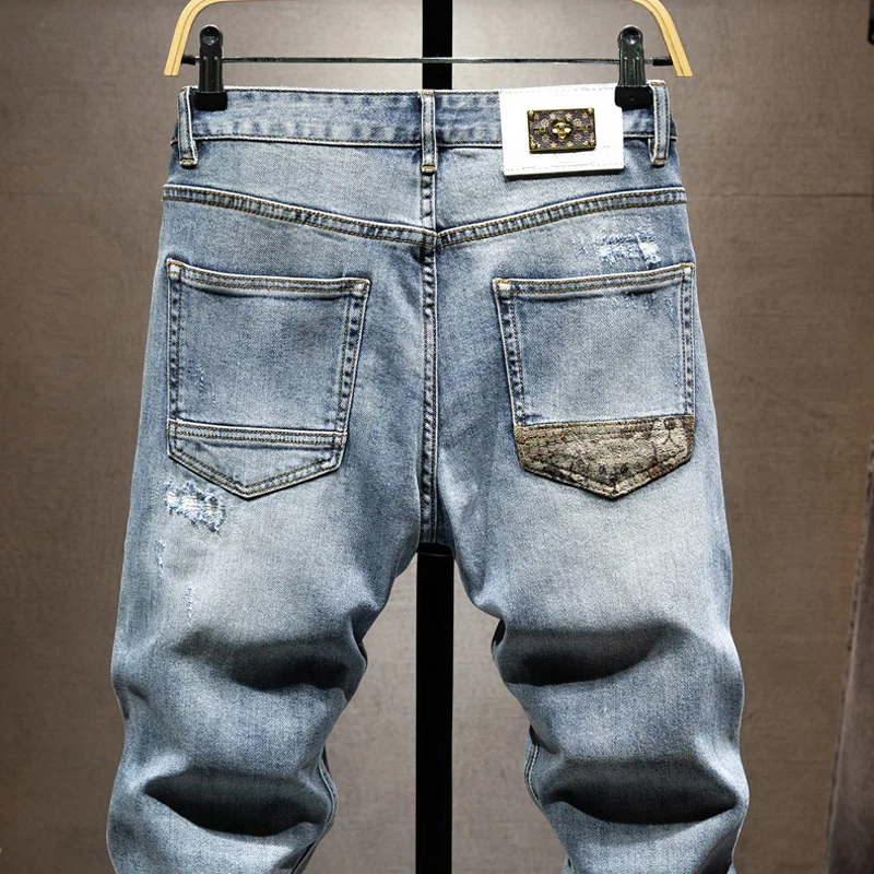 Street Designer Fashion Men Jeans Retro Blue Stretch Slim Fit Embroidery Patched Ripped Jeans Men Hip Hop Vintage Denim Pants
