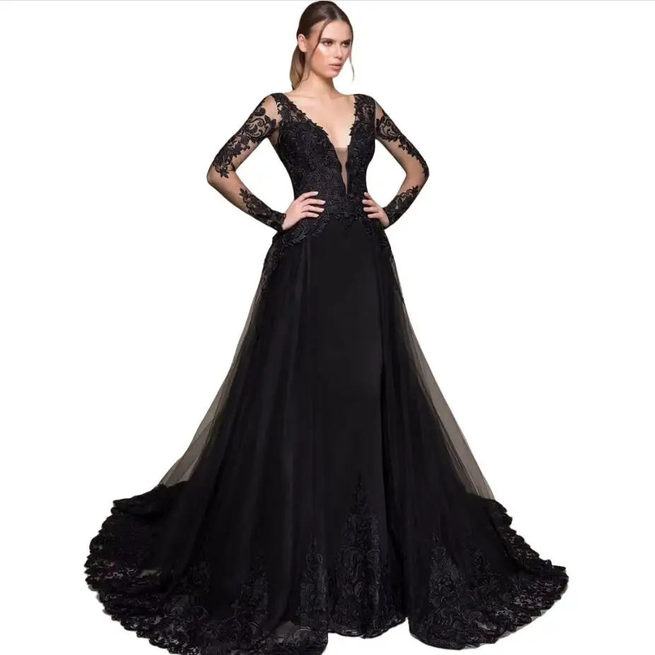 Vestidos de graduación negros para mujer, Vestido de noche de manga larga con cuello en V, Apliques de encaje con botones en la espalda, Vestido de Novia personalizado para celebridades