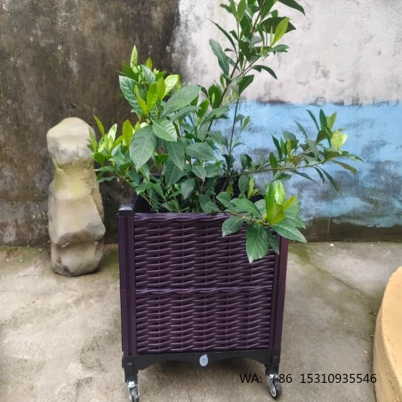 PP Rattan Plastic Planter Box Rectangular Wicker Weave Raised Garden Bed Brown Lightweight Wheel Drainage Hole Self Watering