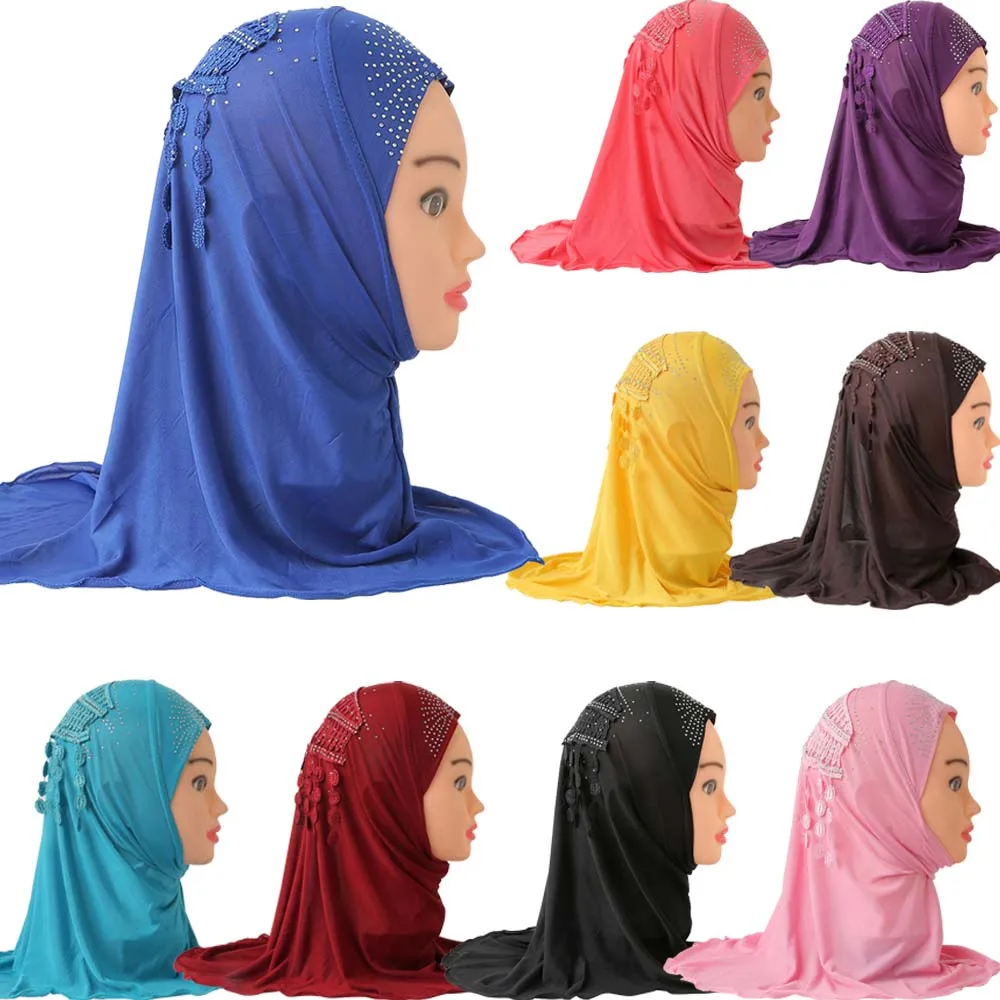 2-7 Years Muslim Kids Girls Lace Tassel Hijab Instant Scarf One Piece Amira Islamic Shawls Wrap Turban Pull On Ready Made Hijabs