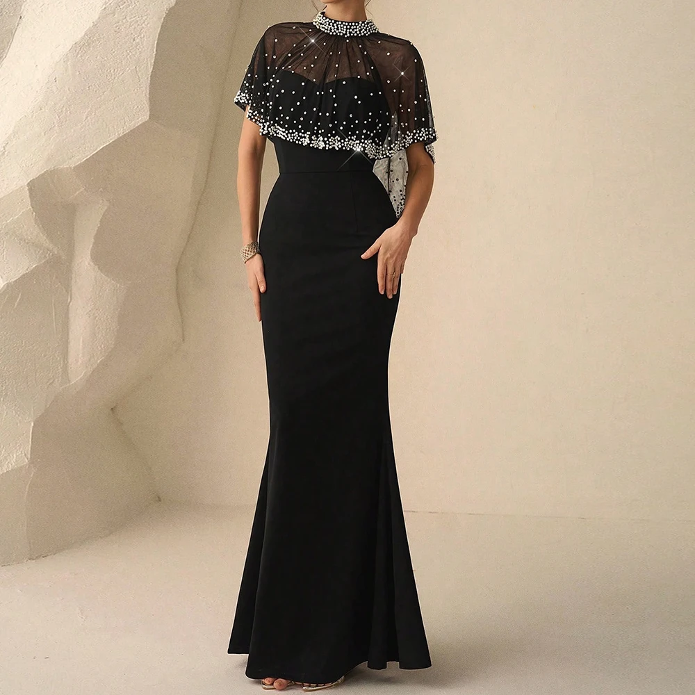 Customized A-line Evening Dresses Ankle-length High-neck Sleeveless Prom Gown Fashion Stole Crystal Simple Draped Party Gown